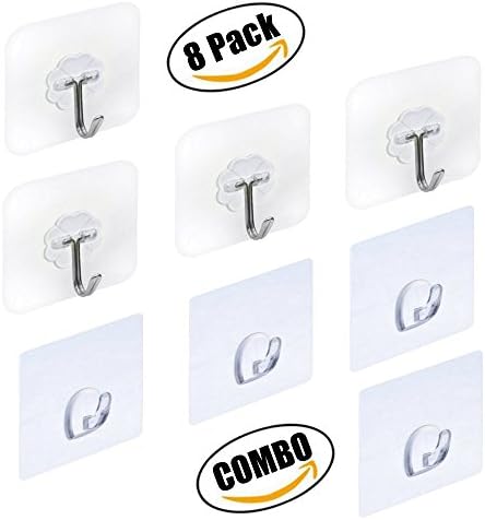 Adhesive Wall Hooks Heavy Duty upto 6 Pounds (max) - Transparent and Waterproof Reusable, Removable, Stick on Hanger used in Bathroom Kitchen Bedroom for Hanging Coat Towel Utensils Keys - 8 Pack