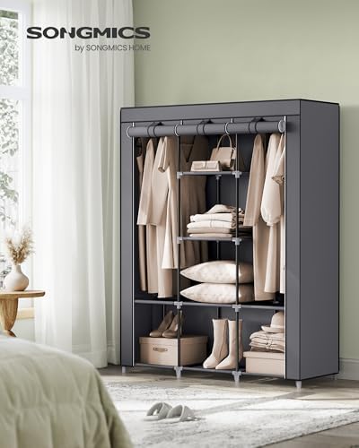 Armadio di Tessuto, Guardaroba Portatile, Organizzatore Porta Abiti con Copertura in Tessuto Non Tessuto, Appendiabiti, Ripiani, 45 x 130 x 168 cm, Alto Portante, Grigio Tortora RYG096G01