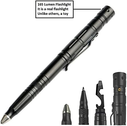 Tactical Pen for Self Defense Weapon Military &amp; Police Grade Survival Tools – Bright 165 lumen Flashlight + Glass Breaker + Ballpoint Pen + Multi Tool - 2 Ink Cartridges &amp; Battery (Black)