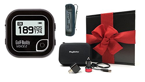 Golf Buddy Voice 2 (Black) Handheld Golf GPS GIFT BOX Bundle | Includes Handheld GPS, PlayBetter USB Car & Wall Adapters & GPS Carry Case | Black Gift Box & Red Bow