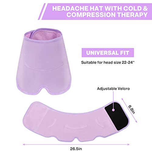 Luguiic Headache & Migraine Relief Wrap Hat Eye Mask Long Lasting Cooling Hot & Cold Gel Ice Compress Therapy for Tension Relief, Stress, Pain Relief, Stretchy, Comfortable with Velcro Closure Purple