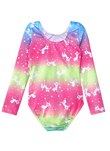 Gymnastics Long Sleeve Leotards for Girls Kids Ballet Sparkle Ribbons Dancewear (04 Rainbow unicorns, 120(4-5Y))