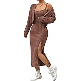 SISKIN 2 Piece Sets for Women, Fall Knit Ribbed Sweater Midi Cami Dress & Cropped Cardigan Long Sleeve Casual Outfits Set