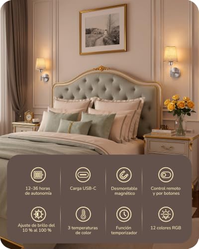EDISHINE Wireless Wall Sconce with Remote Control, 12 RGB Colors | Set of 2 Dimmable Magnetic LED Rechargeable Wall Lamps, 3000-6500K, Timer, for Bedroom, Staircase
