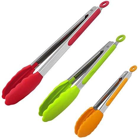 Kuger Set of 3-7,9,12 Inch Non-Stick Heat Resistant Stainless Steel Kitchen Tongs (Multi Color)