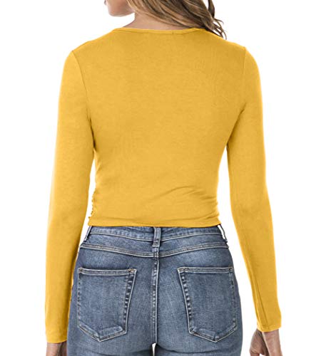 7028 Womens Deep V-Neck Long Sleeve Fitted Surplice Wrap Crop Top Mustard M - Thumbnail 2