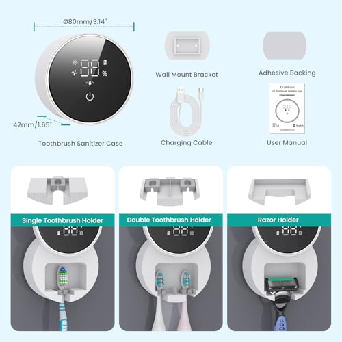 LifeBasis UV Toothbrush Steriliser with 60 °C Drying, Electric Toothbrush Holder with UV Disinfection, LED Display, Drill-Free Wall Mounting, Up to 33 Days Battery Life for Family & Travel