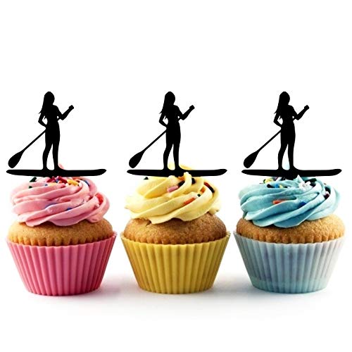TA0840 Stand Up Paddle Board Girl Silhouette Party Wedding Birthday Acrylic Cupcake Toppers Decor 10 pcs