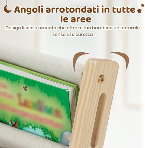 Libreria Montessori per Bambini Con 6 Scomparti in Tessuto Oxford - Libreria per Bambini in Legno Naturale - Libreria Montessori Con Bordi Arrotondati e Design Spazio-Saving(Naturale)