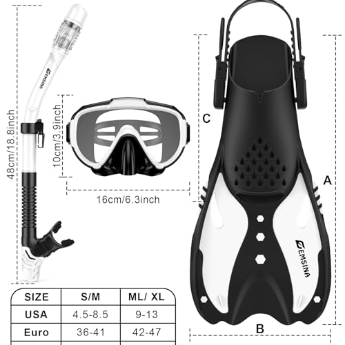 EMSINA Mask Fin Snorkel Set with Adult Snorkeling Gear, Panoramic View Diving Mask, Trek Fin, Dry Top Snorkel +Travel Bags, Snorkel for Lap Swimming