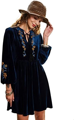 Bohoartist Women's Vintage Velvet Embroidered A-line Long Sleeve Skater Swing Dress