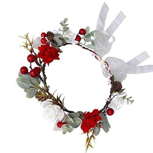 Adjustable Boho red berry Flower Crown Hair Wreath Floral Garland Headband Halo Headpiece with Ribbon Wedding Festival Party