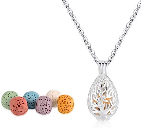 Life Tree Essential Oil Diffuser Necklace Lava Stone Diffuser Necklace pendant with Adjustable 24" Chain and 6 Lava Beads Gift Set