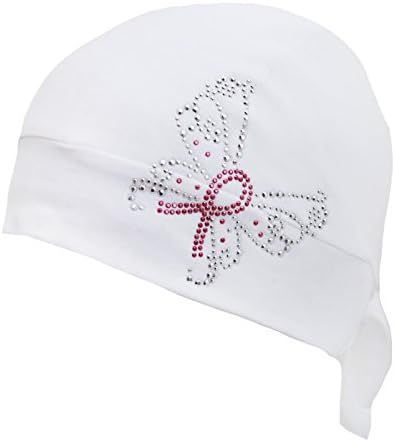 Pink Ribbon Butterfly White Rhinestudded Breast Cancer Awareness Skull Cap Bandana Headwrap with Tie