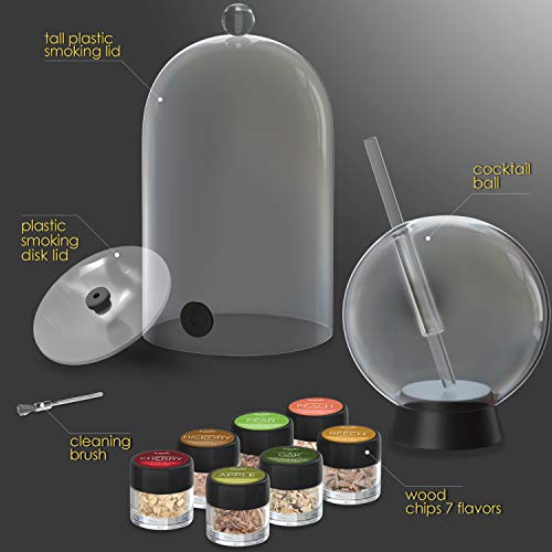 Smoking Gun Accessory Set, 11 PCS, Food Smoke Infuser Accessories - Disk Lid and Cocktail Ball Glass with Straw for Drink Smoker, Dome for Cold Smoke, Smoking Cloche for Drinks, 7 Flavors Wood Chips