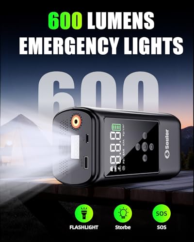 6000A Jump Starter with Air Compressor 160PSI, 12V Car Battery Booster for 10L Gas/10L Diesel, Portable Tire Inflator Car Booster Pack with Jumper Cables & 3 in 1 LED Light