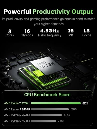 Tivique 2026 Laptop 15.6 Inch, Laptop Gamer with Ryzen 7 5700U (up to 4.3GHz) 8C/16T, 16GB RAM DDR4*2 + 512GB SSD M.2, 1080 FHD, BT5.2, USB3.2, Type-C, HDMI, Fast 65W, WiFi 6