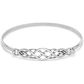 Sterling Silver Celtic Trinity Knot Cuff Bangle Bracelet for Women - Antiqued Irish Claddagh Design - 7x42mm Stackable Bangle with Hook Closure