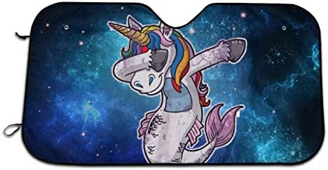 Dabbing Unicorn Mermaid Cool Funny Blue Galaxy Themed Pattern Print Interior Windshield Sun Shade Cover Car Windows Decor Outdoor Sunshade Vehicle Accessories Auto Ornament Visor Kit for Women Men