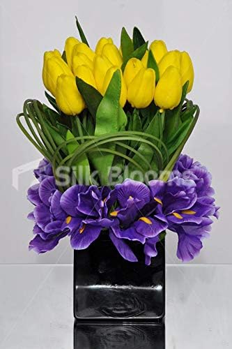 Amazon Silk Blooms Ltd 人工イエローフレッシュタッチチューリップと紫のアイリス花瓶 葉と葉付き 造花 オンライン通販 Amazon Silk Blooms Ltd 人工イエローフレッシュタッチチューリップと紫のアイリス花瓶 葉と葉付き 造花 オンライン通販