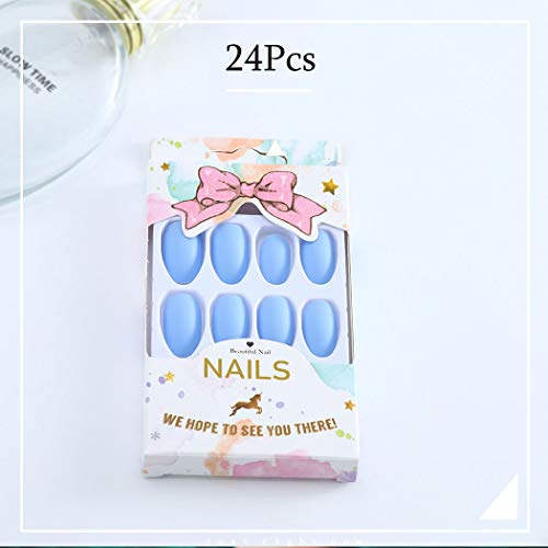 Yalice 24Pcs Matte False Nails Full Cover Long Coffin Fake Nails French Art Clip on Nail for Women and Girl (Blue)