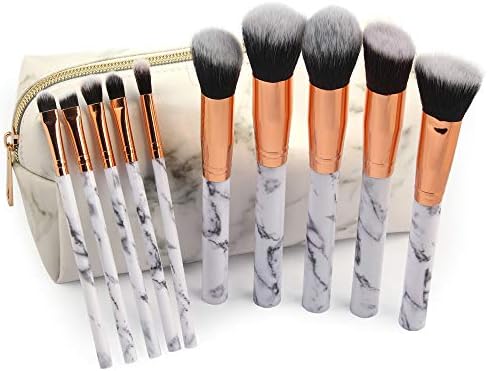 Hirolan 🌸 10Pcs Makeup Brushes & 1 Bag 🌸 Premium Plastic Marble Style Fashion Beauty Travel Cosmetic Girls Fashion Multifunction Makeup Brush Bag (White)