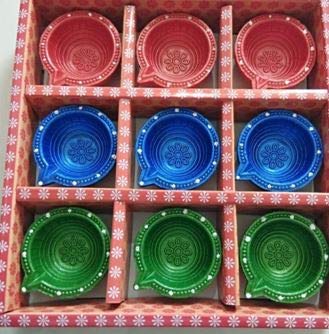 Magic Moon Diwali Diya for Diwali Outdoor Lights and Decoration, Handmade Earthen Diyas for Lighting Decoration Set of 9 (Multicolor, Clay)
