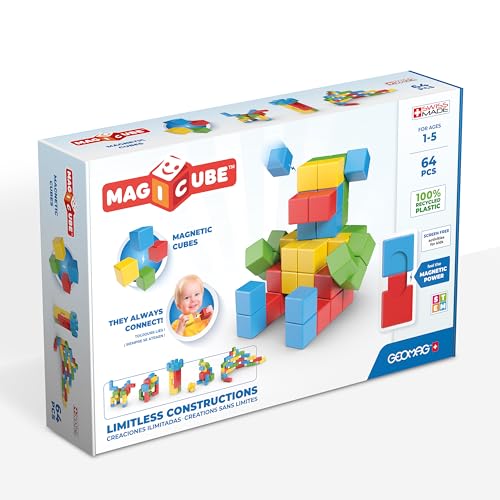 Geomag Magicube 64pcs Magnetic Blocks - Magnetic Building Blocks for Toddlers 1-3, Montessori Toys for 1+ Year Old, Autism Sensory Product, Magnets for Kids