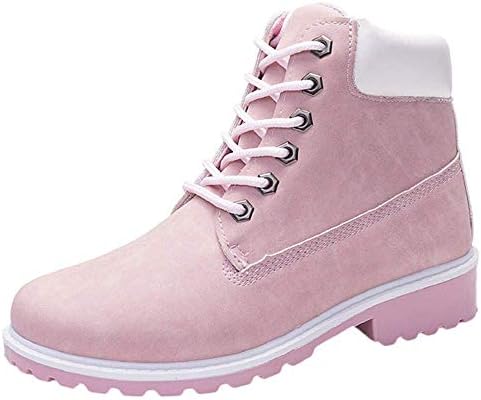 COPPEN Women Boots Retro Solid Ankle Thick Lace-up Short Round Toe Casual Shoes