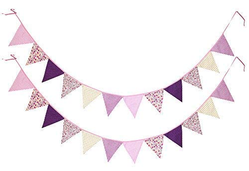 FiveSeasonStuff 2 x Double Sided Cotton Fabric Bunting Flags, Triangle Banners Garlands, Decoration Party Supplies (Purple, Total 24 Flags, 4.8m length)