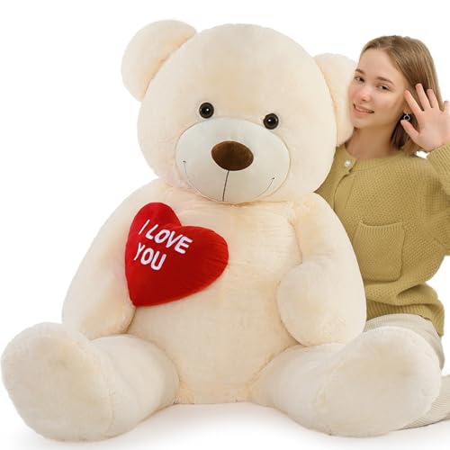 MorisMos 130 cm Giant Plush Bear with I Love You, XXL Ivory Plush Teddy Bear Large Soft Teddy Bear Gift for Baby Girlfriend Her Birthday Decorations