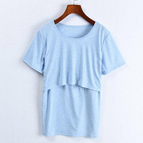 Minisoya Women Maternity T-Shirt Double Layer Nursing Baby Wrapped Tunic Tops Casual Short Sleeve Breast Feeding Blouse (Blue, XL) - Thumbnail 2