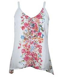 Mogul Women's Sexy Loose Blouse Tank Top White Floral Printed Strap Blouse M