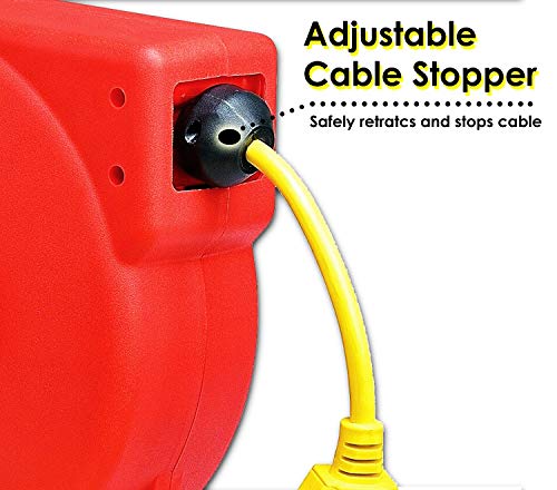 REELWORKS Retractable Extension Cord Reel Polypropylene Industrial 12AWG x 40' Feet Commercial Grade 3C SJT Cable with Triple Tap Connector 15A 125VAC 1875W 60Hz Circuit Breaker Best for Indoor Use