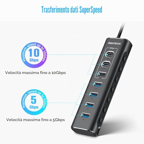 USB Hub Powered RSHTECH USB 3.2/USB C Hub 7 Ports with 3 10Gbps USB 3.2 Ports (2*Type-C, 1*Type-A), 4 USB 3.0 * 5Gbps Ports, 1m Data Cable, 24W USB C Hub Power Supply, RSH-A107C