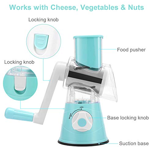KARIDGE Rotary Cheese Grater with Cut Resistant Gloves, Kitchen Round Mandoline Veggie Slicer with 3 Interchangeable Blades for Grating, Shredding and Slicing for Cheese, Vegetables and Nuts (Blue) - Thumbnail 3