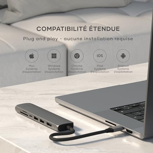 Satechi 7 in 1 USB C Hub Slim Plus Multiport Adapter with Ethernet, Charge PD 100W, HDMI 4K@60Hz, 2X USB-A 10Gbps and SD/microSD Ports for MacBook Air/Pro/Neo, Laptop and More - Grey