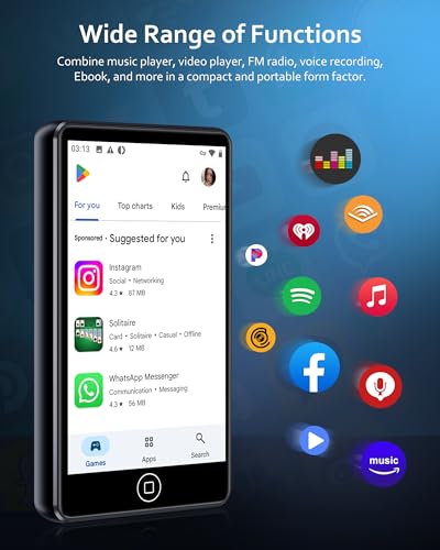 Spotify MP3 Player with Bluetooth and WiFi, AGXOV MP4 Music Player with 4.02 Inch Touchscreen Screen, Portable Android MP3 with Audible, Deezer, Play Store, Black
