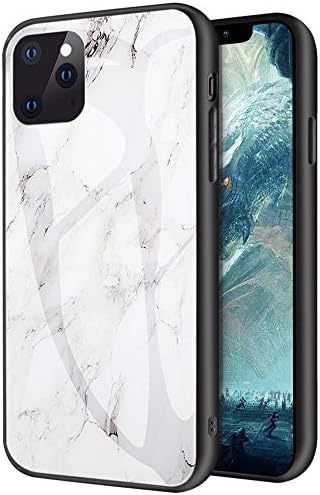 iPhone 11 Pro Case,Marble Texture Tempered Glass Smooth Scratch-Proof Protective Back Cover + TPU Soft Anti-Collision Bumper for iPhone 11 Pro 5.8'' (White)