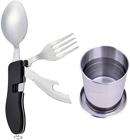 GOODOOR 4-In-1 Camping Utensil Stainless Steel Fork Knife Spoon Bottle Opener Set and Stainless Steel Collapsible Cup (Pack of 2)