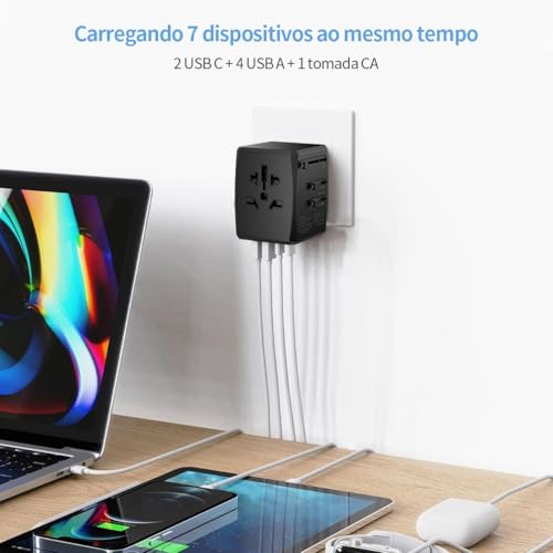 Carregador Universal com Adaptadores de Viagem, Adaptador de Tomada CA com Alimentação Inteligente de 6A 4 Portas USB A e 2 USB Tipo C de 3A para USA EU UK AUS(Bolsa de Viagem Incluída)