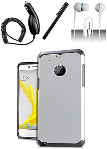 HTC Bolt / HTC 10 Evo Case [Shoparound168] Silver Hybrid Slim Dual Layer Cover + Car Charger + Stylus Pen + 3.5mm Earphone