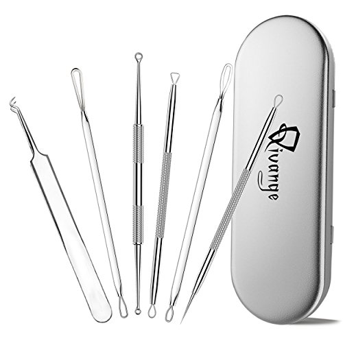 Qivange Blackhead Remover, 6pcs Heavy Duty Stainless Steel Acnes Comedone Extractor for Pimples, Pores, Whitehead & Blemish Facial Skin Care Tool with Metal Case
