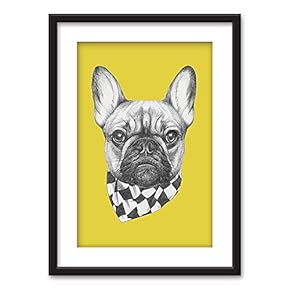 Framed Hand Drawn Dog Yellow Background Black Picture...