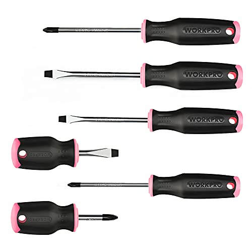 WORKPRO 6-Piece Pink Magnetic Screwdrivers Set, Includes 3 Slotted & 3 Phillips Screwdrivers, Stubby Screwdrivers, Soft TPE Handle, Cr-V Shank, Hand Tool Kit for Woman - Pink Ribbon