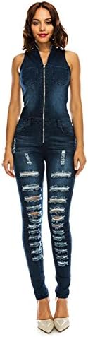 American Bazi G-Style USA Women's Zip up Top 1-Piece Ripped Distressed Jean Denim Jumpsuit AJR906 - Dark Blue - Small - CC10E