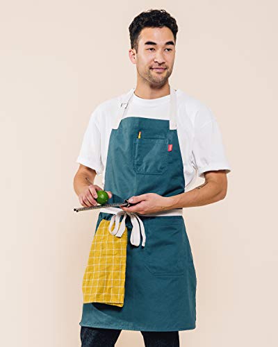 Caldo Cotton Kitchen Apron - Mens and Womens Professional Chef Bib Apron - Adjustable Straps with Pockets and Towel Loop (Spruce)