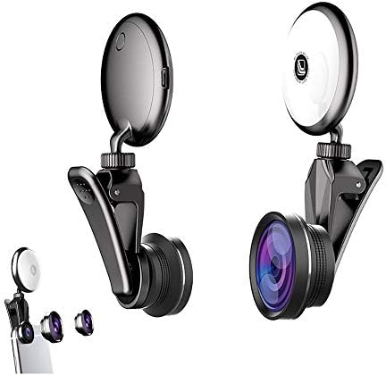 JJYu Selfie Ring Light Fill Light [Rechargeable Battery] LED Light with Mobile Lens Kit Compatible with iPhone, iPad, Sumsung Galaxy, Photography Phones, Tablet, Laptop (Black)