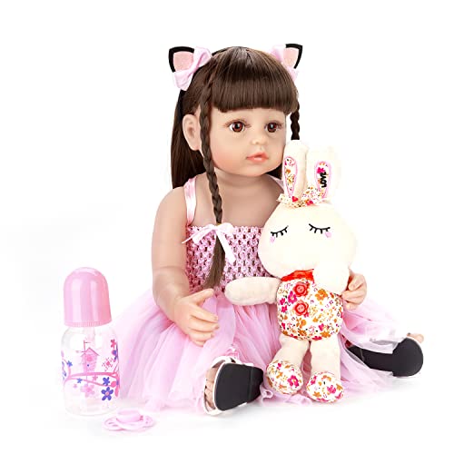Bebê Reborn Boneca Menina Corpo de Silicone 55cm Olhos Castanhos Pode Dar Banho com Acessórios Presentes para Meninas