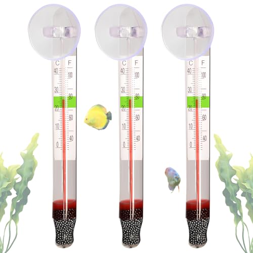 JHAZUN Set Of 3 Glass Thermometers For Aquarium - Temperature Meter With Suction Cup,Clear Reading,For Freshwater and Salt Water Fish Tanks